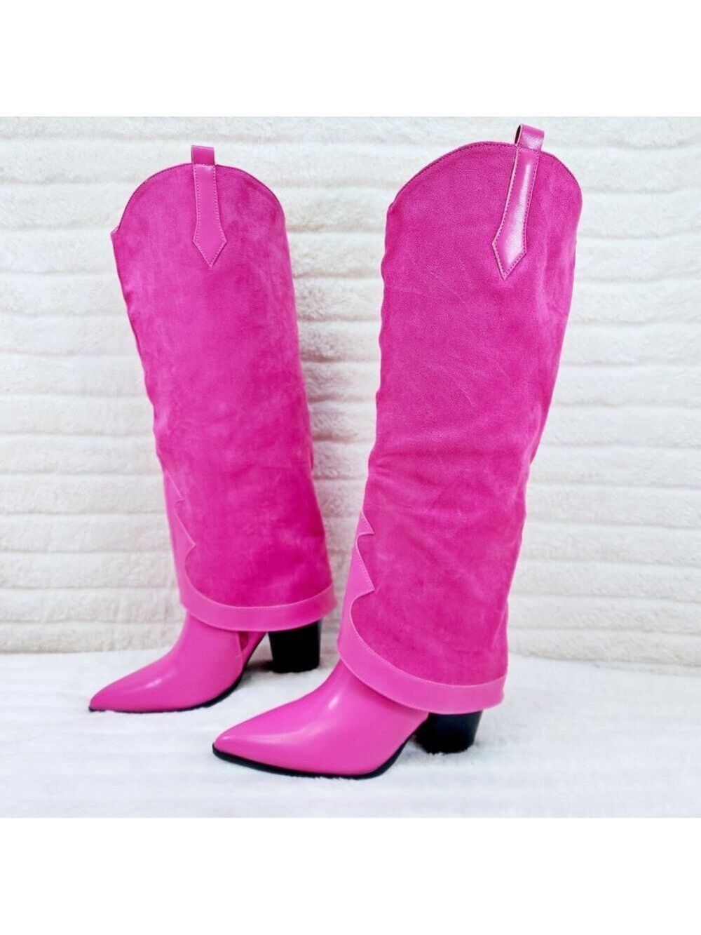 Branded Fuchsia Pink Skirted Fold Over Western Shark Knee High Cowgirl Boots - Picture 9 of 11